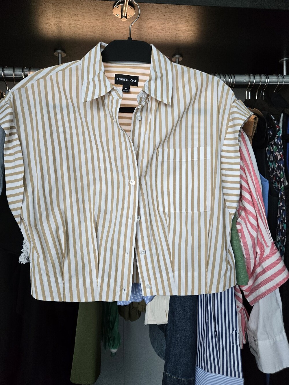 Kenneth Cole Striped Button-Up Shirt Tan & White